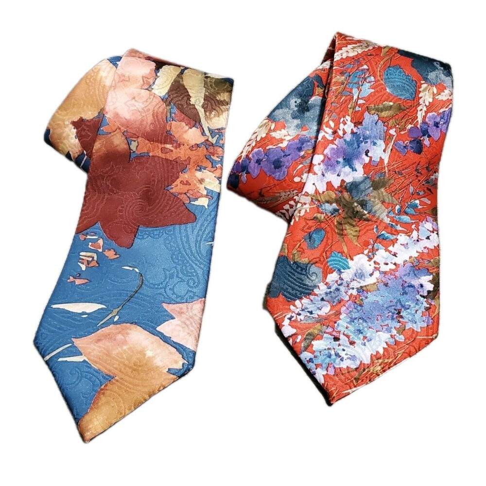 Vintage Haband Lot of 2 Neck Tie Abstract Floral 1970s Retro MCM Classic